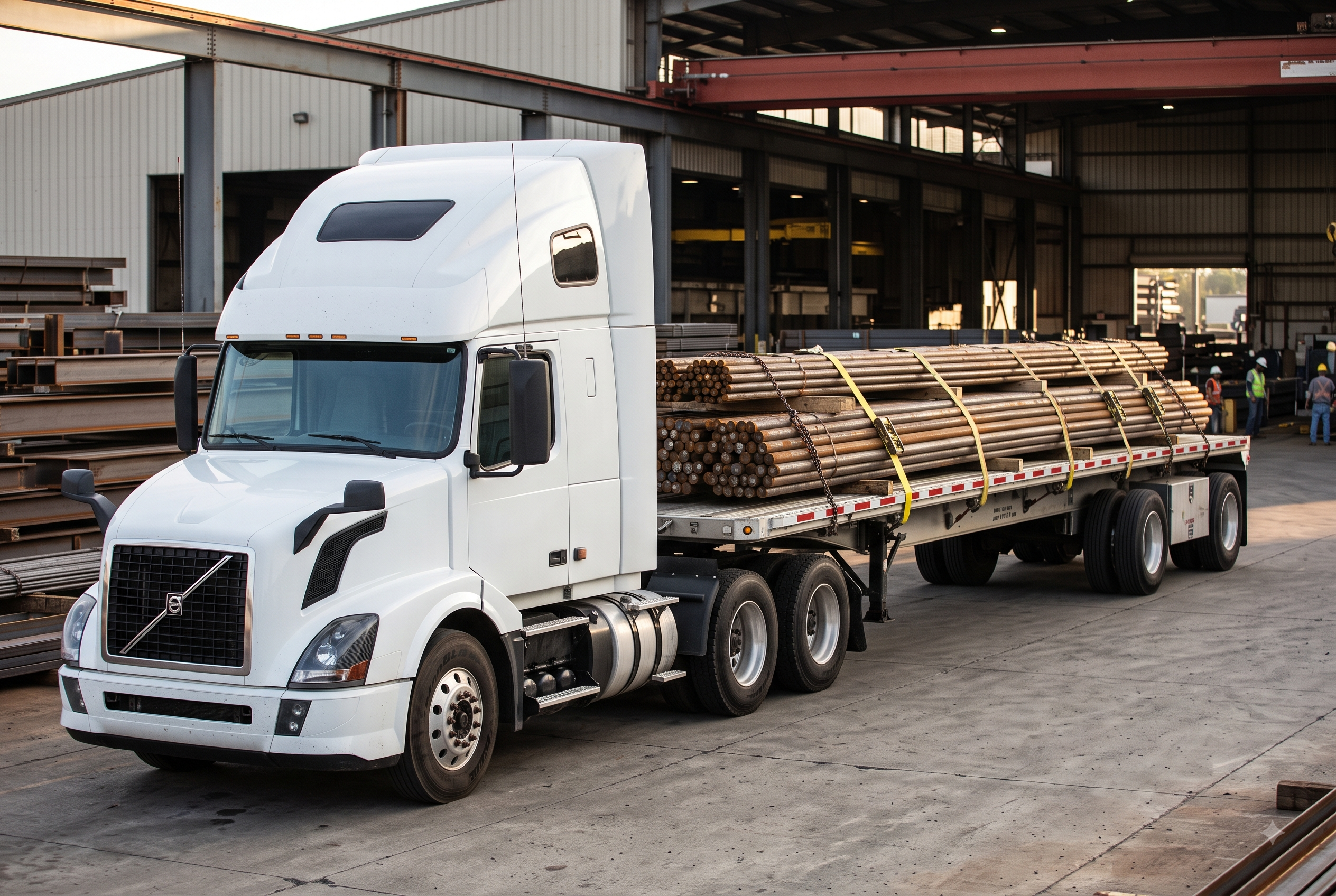 A flatbed trailer loaded with secured steel bar stock at an industrial yard